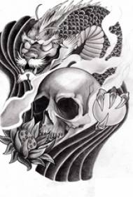 Esbozo gris negro cráneo creativa flores e tótem dragón abstracto tatuaje manuscrito