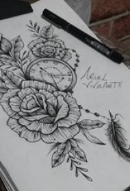 Siyah kroki sting hileci güzel çiçekler ve cep saati dövme el yazması