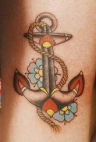 Schoolgirl calf painted on simple lines flowers and anchor tattoo pictures