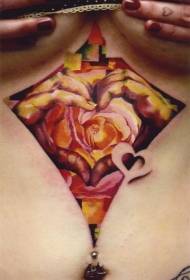 Chest color romantic rose heart tattoo pattern