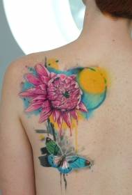 Back watercolor flower with butterfly tattoo pattern