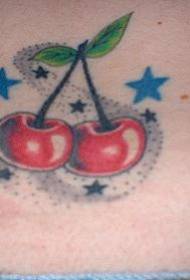 Old school rød kirsebær og blå stjerne tatoveringsmønster