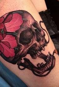 Leg new style colorful human skull with flower tattoo picture