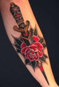 Tattoo pattern with red rose and knives dagger