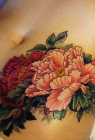 Female belly colored peony flower tattoo pattern