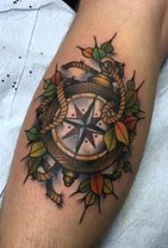 Boys calf painted on simple lines plant leaves and compass tattoo pictures