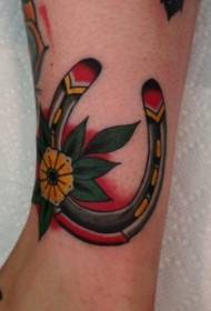 Leg color old school wind horseshoe and flower tattoo pictures