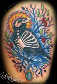 Wonderful colored crow with blooming tree tattoo pattern