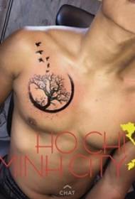 Boys chest on black line sketch creative art tree tattoo picture