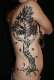 Female waist side color big tree tattoo pattern