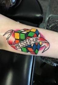 Boys arm painted geometric simple lines English and Rubik's cube tattoo pictures