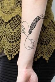 Girl's arm on black infinity symbol English word and feather tattoo picture