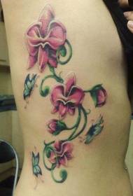 Waist-side colored beautiful pink orchid tattoo pattern