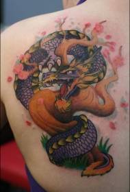 Back illustration style fantasy dragon with flowering tree tattoo pattern