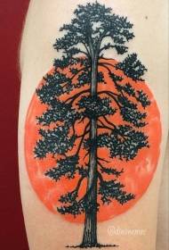 Arm old school black lonely big tree with orange sun tattoo pattern