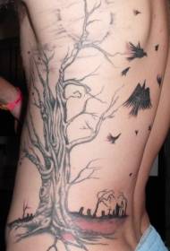 Waist side black gray scary dead tree tattoo pattern