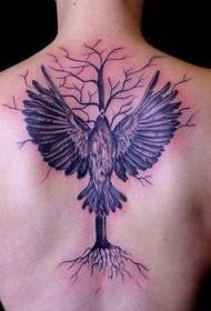 Back unique combination black crow and black tree tattoo pattern