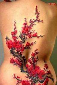 Female back color big flower tree tattoo pattern