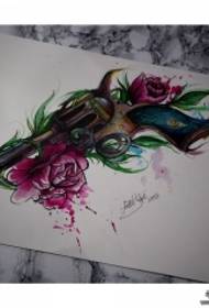 Manuscrito de tatuaxe de pistola de tinta de chapoteo de flores europeas e americanas