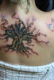 Көк құстардың татуировкасы үлгісіндегі жұмбақ ағаш