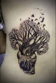 Waist side black heart growing tree tattoo pattern