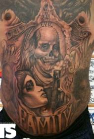 abdomen sort kvindelig pistol og klovnebrev tatoveringsmønster