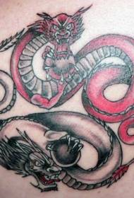 Červený a černý drak kombinace Yin Yang drby tetování vzor