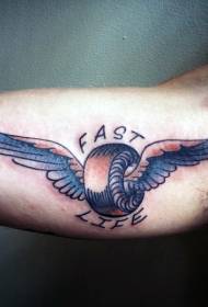 big arm inside old school colored wings and wheel tattoo pattern