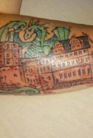 Jungen auf dem Arm gemalt Geometrie Linie Gebäude und Feuer Drachen Tattoo-Bilder