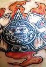 flame with Aztec sun stone statue Tattoo pattern