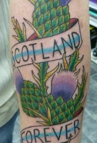 Arm colored Scottish letters with plant tattoos
