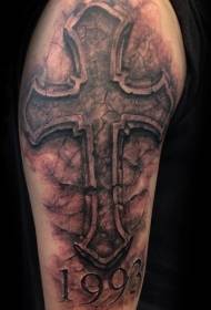 великий чорний сірий стиль кам'яний хрест лист татуювання візерунок