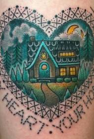 motif de tatouage maison en forme de coeur couleur de jambe