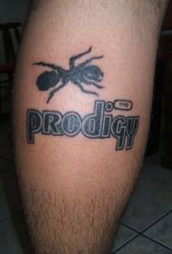 Bein große schwarze Ameisen mit Buchstaben Tattoo Muster