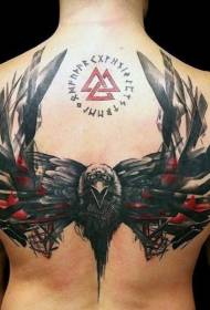 Back mysterious style color demon crow tattoo