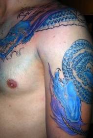 Japanese Beautiful Blue Dragon half armor tattoo pattern
