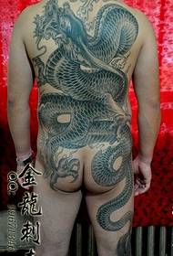 男性背部到腿部超酷的传统黑灰龙纹身图案