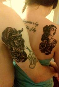 couple cartoon beauty and beast portrait and letter tattoo pattern