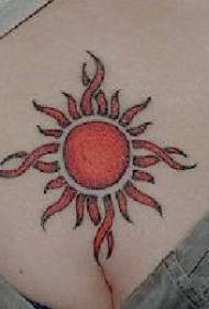female chest red sun symbol tattoo pattern