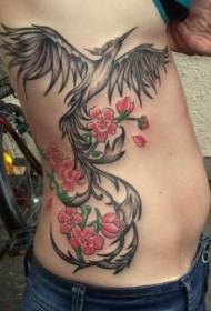 sort Phoenix og røde blomster side rib tatovering mønster