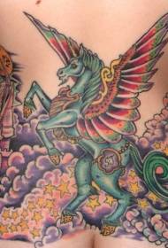chica espalda cintura multicolor fantasía unicornio castillo y estrella tatuaje patrón