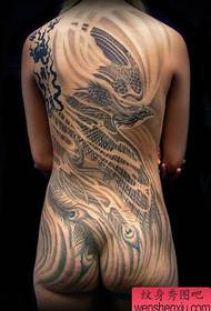 Full back black gray phoenix tattoo pattern