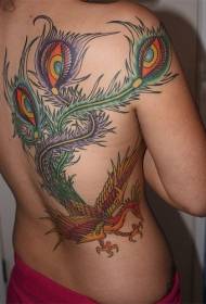 ženský zadný farebný fénix veľký tetovací vzor
