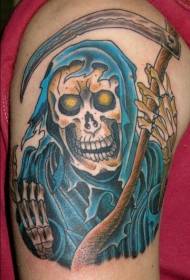 Ceifador e teste padrão azul do tatuagem da mortalha