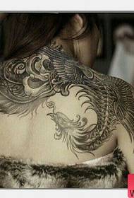 dziewczęce ramię z tyłu Powrót popularny klasyczny czarno-biały wzór tatuażu feniksa