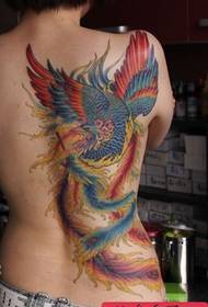a beautiful colored phoenix tattoo on the back of the girl