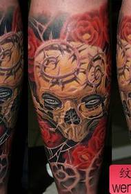 leg color skull rose tattoo pattern