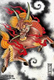 manuscript color red fire unicorn tattoo pattern