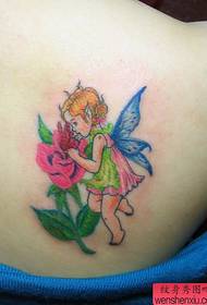 back shoulder small angel rose tattoo pattern