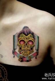 girl chest old school style skull tattoo pattern